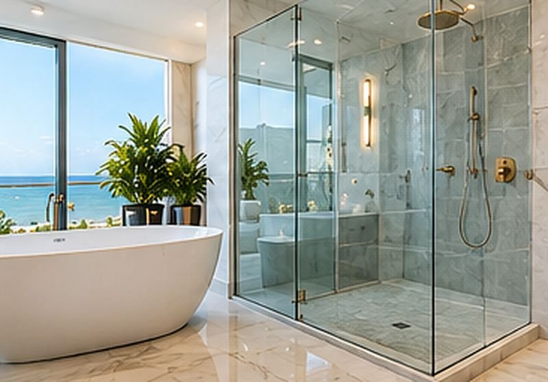 Corner glass shower with gray tile next to a freestanding tub and a window overlooking the ocean