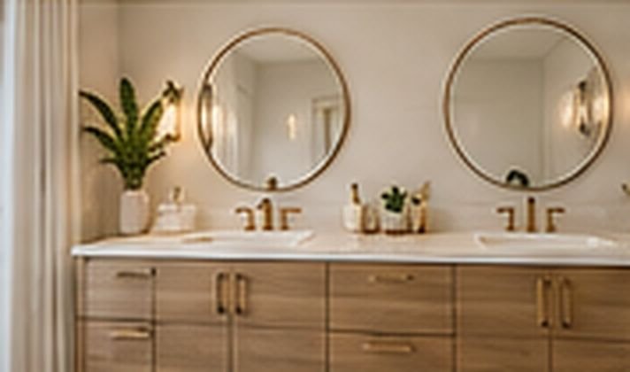 Wood double vanity with round mirrors and greenery