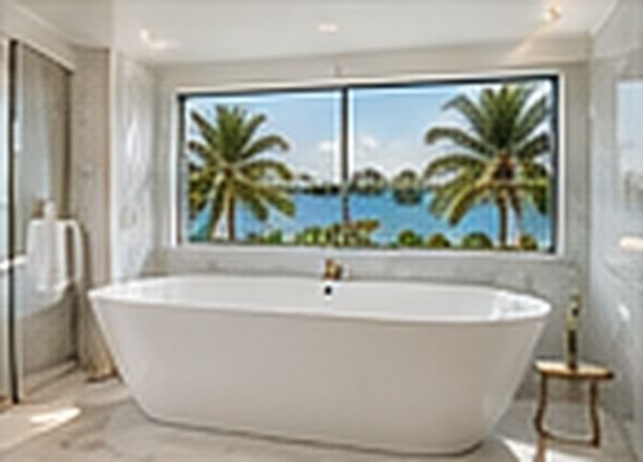 Freestanding bathtub under a wide window with an ocean view