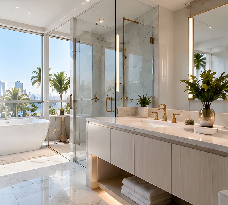 Modern bathroom with a glass shower enclosure, freestanding soaking tub and floor-to-ceiling windows overlooking a city waterfront