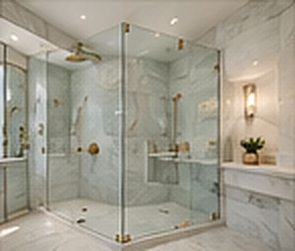 Frameless glass shower enclosure with marble walls