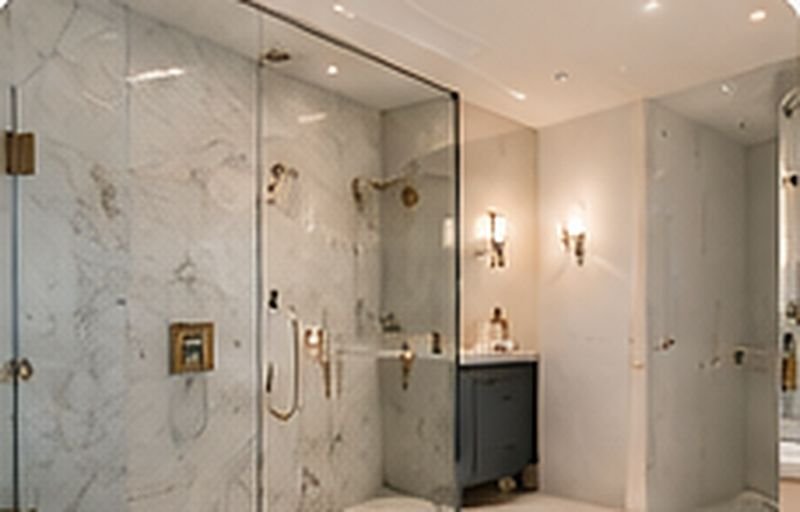 Walk-in glass shower with brushed gold fixtures and marble walls