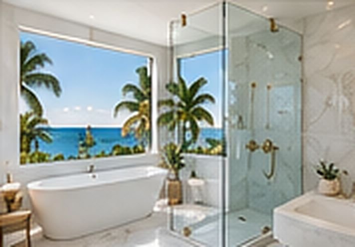 Bathroom with a freestanding tub and glass shower facing the ocean