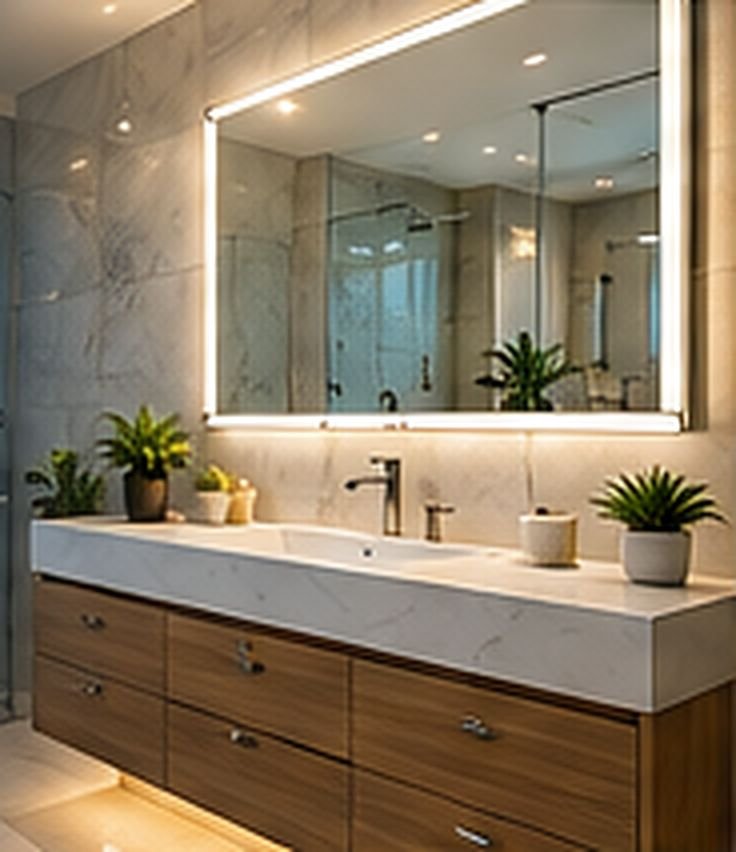Bathroom vanity under a backlit mirror next to a glass shower