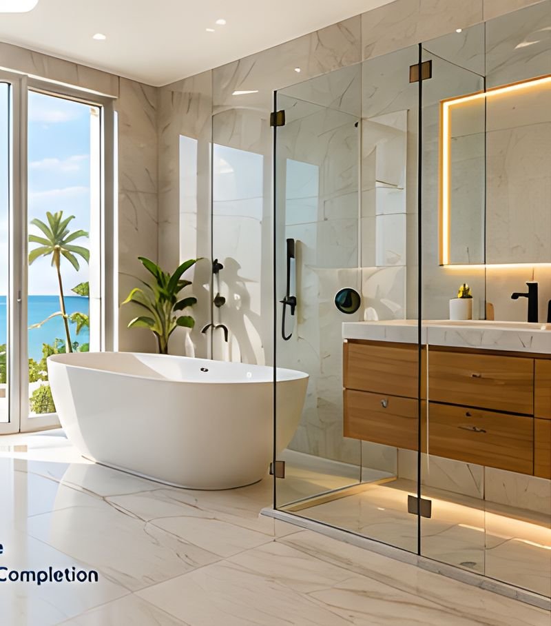 Marble bathroom with a glass shower, wood vanity and a window facing the water