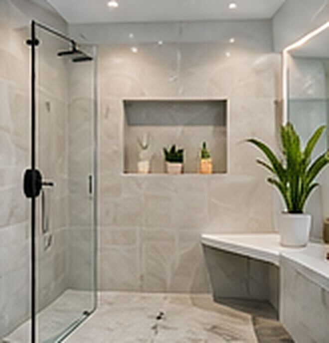 Gray tiled walk-in shower with a recessed niche, built-in bench and glass panel