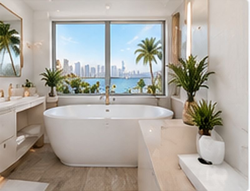 Freestanding soaking tub by a sunny window with palm plants