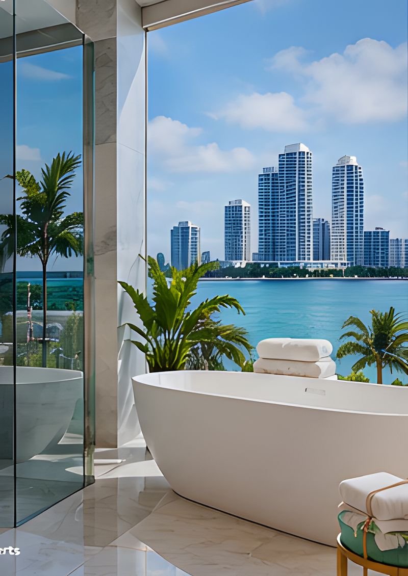 White soaking tub beside tall windows that look out on a waterfront skyline and palm trees