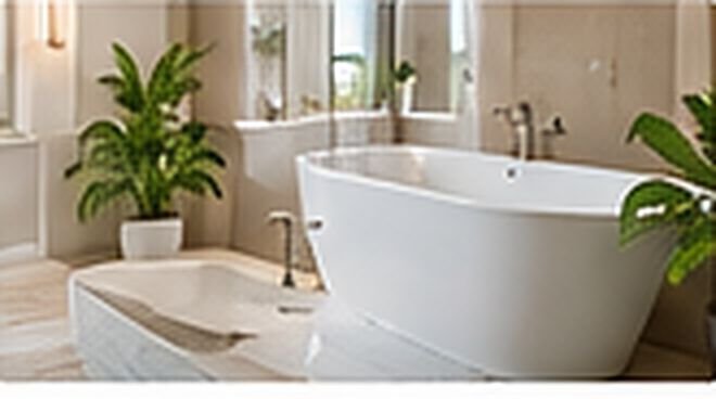 Bright bathroom with a freestanding tub and wood vanity