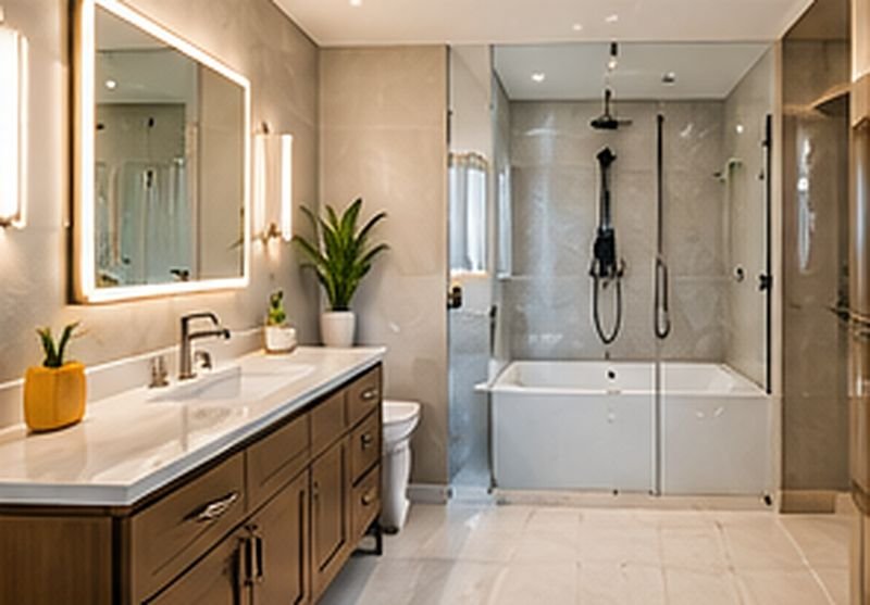 Modern bathroom with a wood vanity, lit mirror and a glass walk-in shower